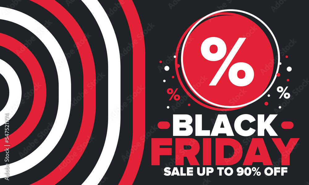 Black Friday. Sale up to 90% off. Biggest sale of the year. Special offer banner. Holiday shopping in United States. Super season deal in November. Discount badge. Creative vector template