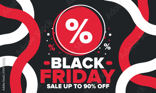 Black Friday. Sale up to 90  off. Biggest sale of the year. Special offer banner. Holiday shopping in United States. Super season deal in November. Discount badge. Creative vector template