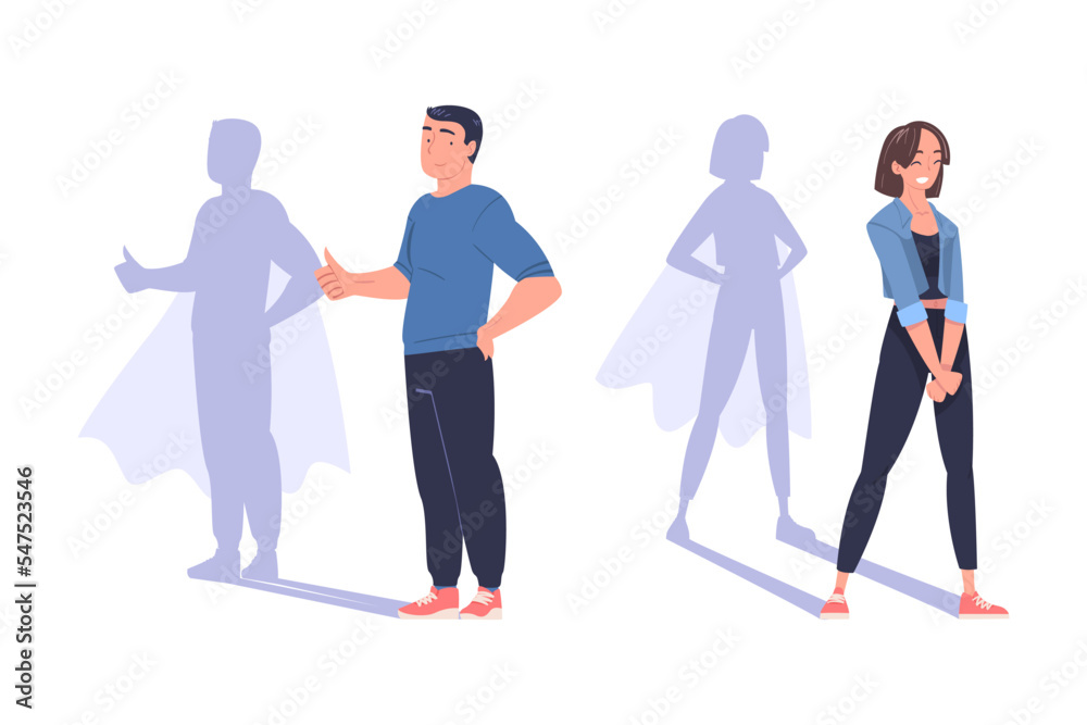 Shadow of Man and Woman Superhero Character Standing and Smiling Vector Set