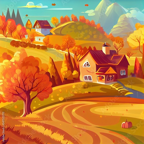 Cute and Idyllic fall landscape in village, autumn in a countryside. Farm houses in a valley surrounded orange and yellow shades, trees and spruces. Card, banner design.