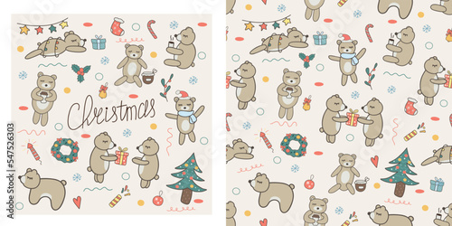 Fototapeta Naklejka Na Ścianę i Meble -  Vector set of hand drawn isolated doodle objects and seamless pattern with cute christmas bears. Includes colorful cartoon bears and Christmas decorations. children's pattern.