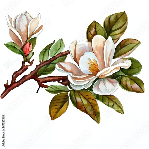 Magnolia branch with leaves and white flower isolated on white background. Hand drawn watercolor illustration.