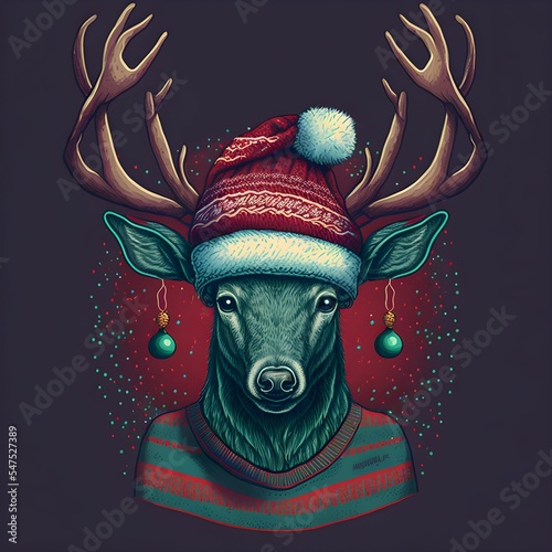 Fotomurale Digital illustration of a cute cartoon reindeer in a Christmas sweater and Santa