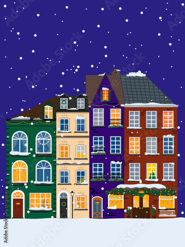 Merry Christmas and Happy New Year. Vector illustration in flat style of winter city street. scandinavian style card. 