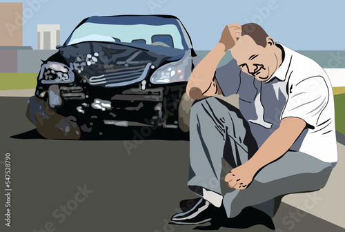 Illustration of car insurance. A man sits on the side of the road lamenting his damaged car after an accident.eps