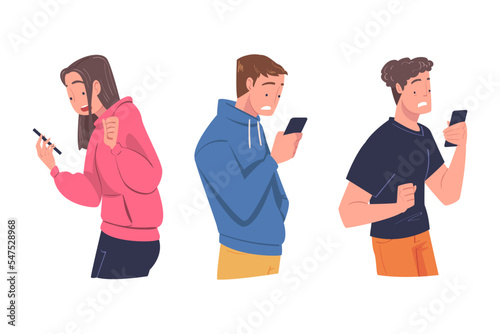 Man and Woman Character with Smartphone Reading Shock Content or News Vector Set
