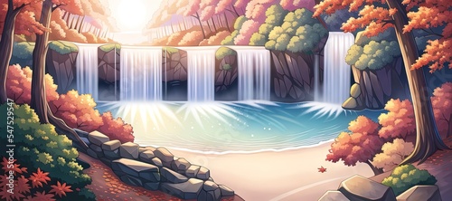 Art for anime series. Forest. Cloud. Waterfall. AI generated art illustration.