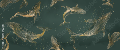 Luxury dark green art background with whales in the ocean in gold line art style. Animal hand drawn banner for decoration, print, textile, interior design, invitations, fabric.