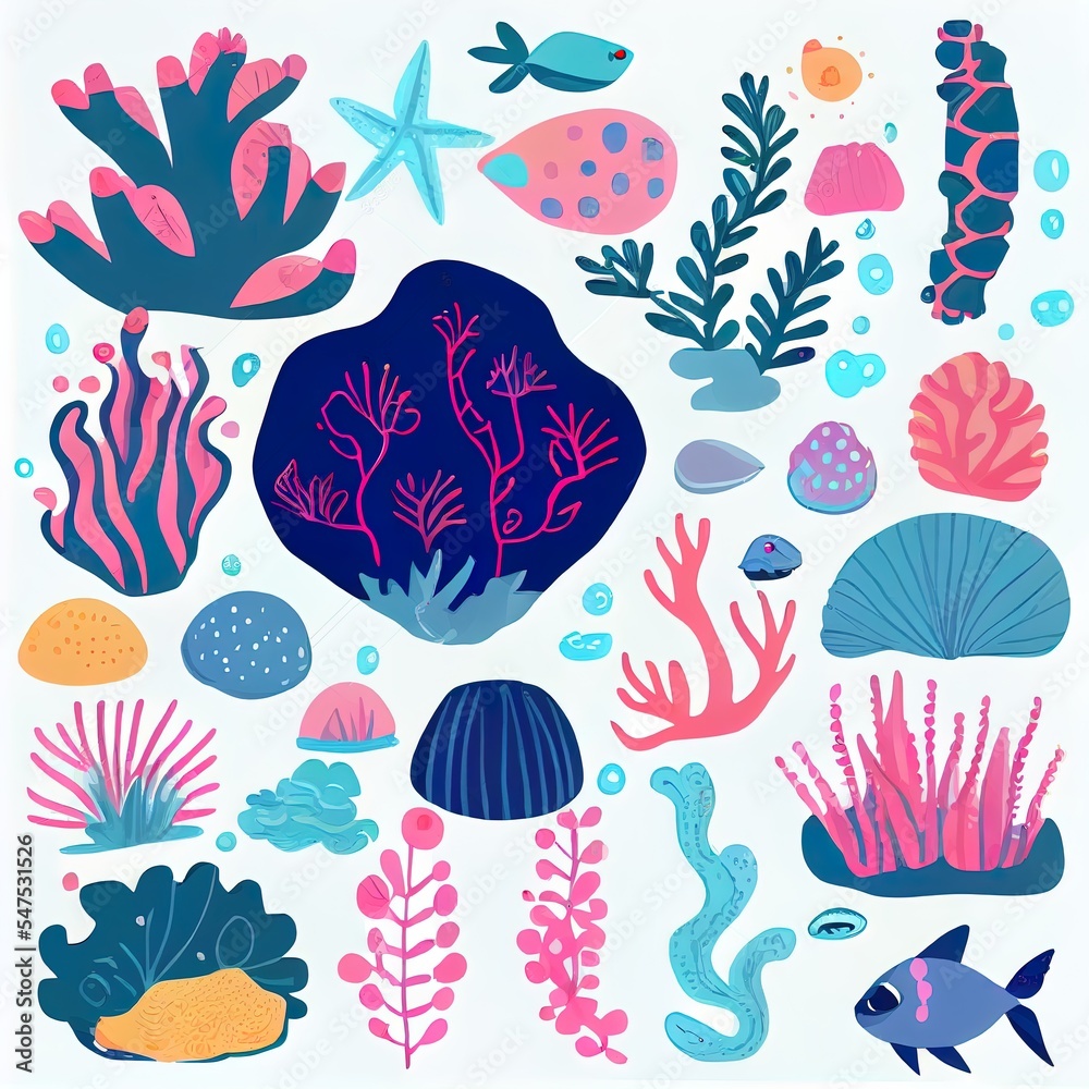 of cute ocean for nature design element in childish style. Collection of simple cartoon hand drawn illustration. of cute ocean for nature design element in childish style. Collection of simple cartoon hand drawn illustration.