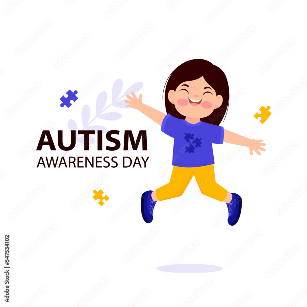 World autism awareness day with jumping girl and puzzle pieces World autism awareness day with jumping girl and puzzle pieces