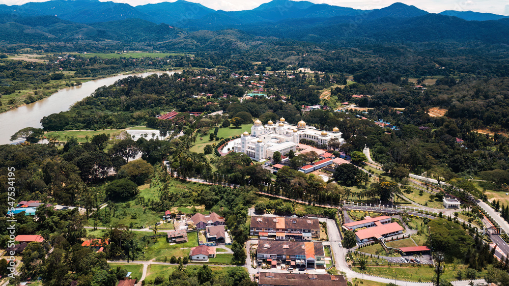 Aerial view of downtown with beautiful mosque in Kuala Kangsar, Malaysia.
