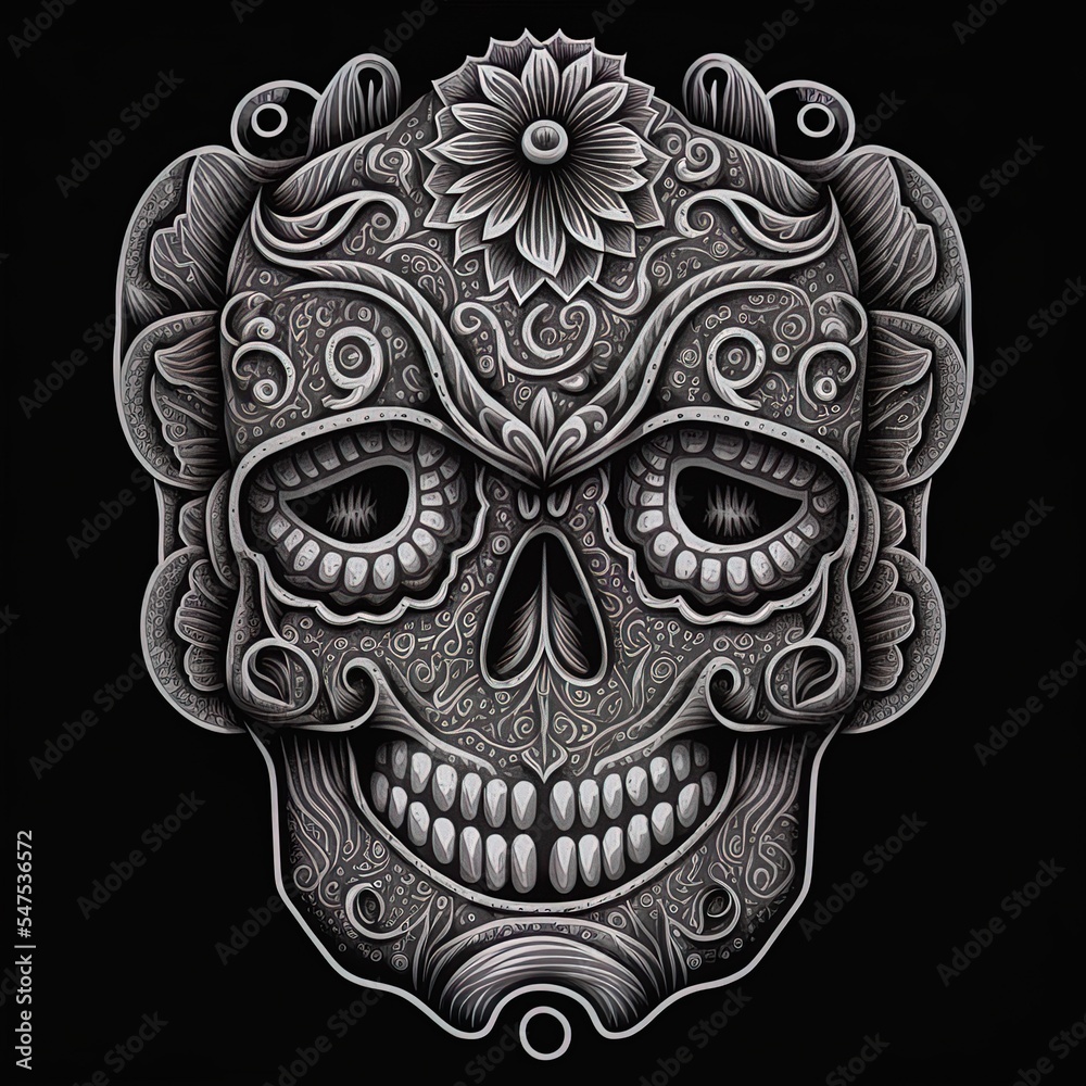 black and white illustration of the skull, a symbol of the traditional