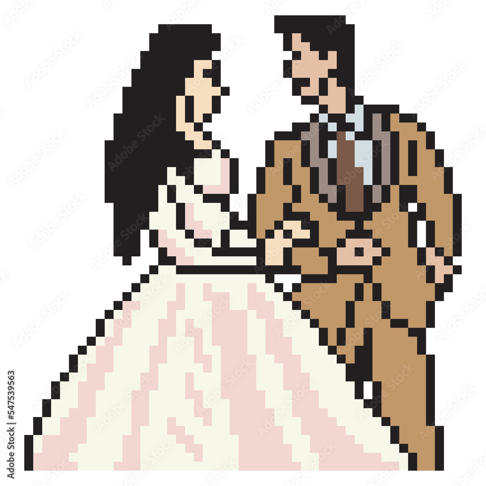 Wedding couple portrait with pixel art design. Vector illustration.