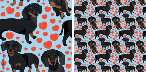 Pattern design with hearts, funny dachshund dogs doodles, and seamless pattern. T-shirt textile, wallpaper, wrapping paper, background graphic design with hearts, blue kids background.Valentine's Day.
