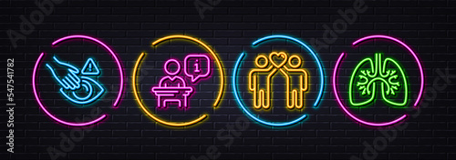 Dont touch, Podium and Friends couple minimal line icons. Neon laser 3d lights. Lungs icons. For web, application, printing. Clean hand, Conference stage, Friendship. Respiratory pneumonia. Vector
