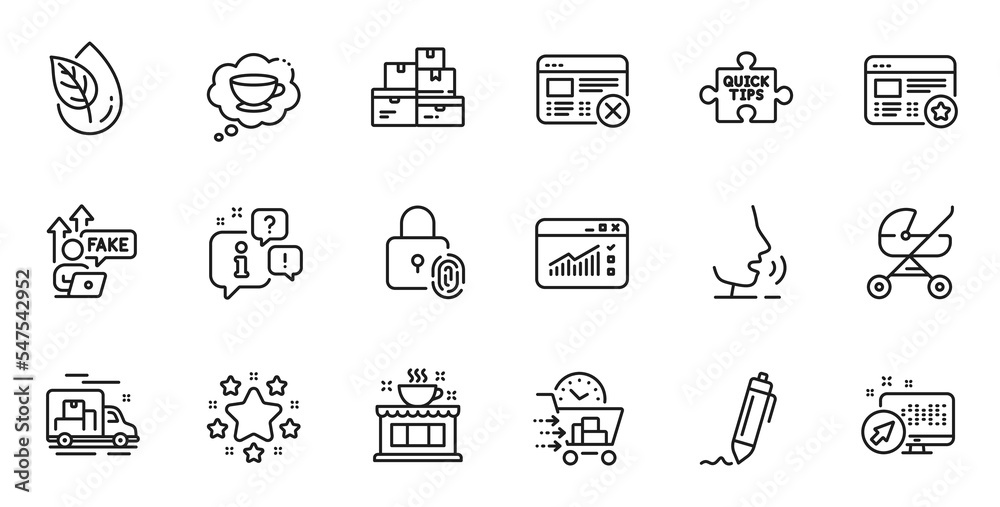 Outline set of Reject web, Web traffic and Coffee shop line icons for web application. Talk, information, delivery truck outline icon. Include Favorite, Baby carriage, Wholesale goods icons. Vector Outline set of Reject web, Web traffic and Coffee shop line icons for web application. Talk, information, delivery truck outline icon. Include Favorite, Baby carriage, Wholesale goods icons. Vector