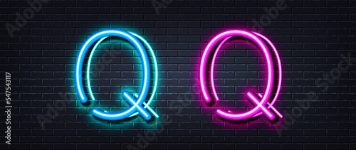 Initial letter Q icon. Neon light line effect. Line typography character sign. Large first font letter. Glowing neon light element. Letter Q glow 3d line. Brick wall banner. Vector