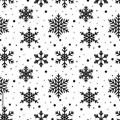 Snowflake black line seamless pattern. Winter ornate ice star background. Linear snow flakes repeat ornament. Xmas paper wrap, fabric print, wallpaper decor. Frosty Christmas New Year wrapping paper