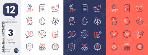 Set of Food donation, Reject refresh and Security shield line icons. Include Journey, Stress, Energy icons. Pets care, No alcohol, Calculator target web elements. Chemistry lab. Vector