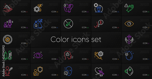 Set of Coronavirus spray, Cough and Thermometer line icons. Include Health eye, Vitamin e, Skin care icons. Use gloves, Electronic thermometer, Shield web elements. Social care. Vector