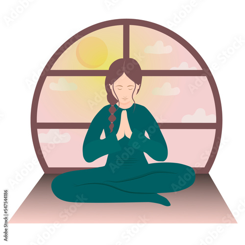 A young girl with brown hair doing yoga by a window with clouds