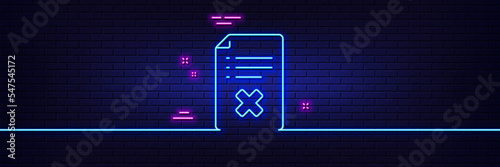 Neon light glow effect. Reject file line icon. Decline document sign. Delete file. 3d line neon glow icon. Brick wall banner. Reject file outline. Vector