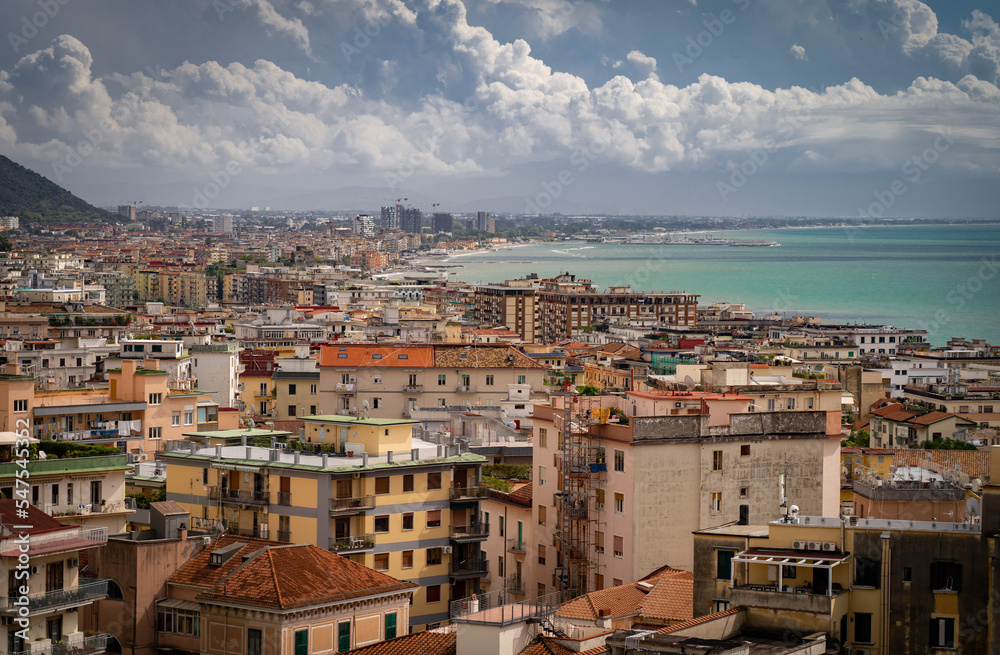 Obraz premium Aerial View of Salerno, sea, coastline and cityscape, Campania Italy. Vacation and travel concept
