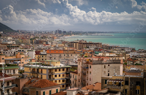 Aerial View of Salerno, sea, coastline and cityscape, Campania Italy. Vacation and travel concept