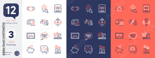 Set of Ab testing, Teamwork and Piggy bank line icons. Include Online chemistry, Ssd, Weather forecast icons. Volunteer, Star, Inspect web elements. Photo, Card, Quick tips. Test chart. Vector