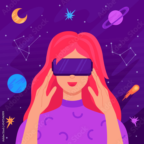 Metaverse digital world technology concept. Young woman in virtual reality (VR) glasses connected to the cyber metaverse simulation. Innovation network experience, AR gaming. Futuristic lifestyle
