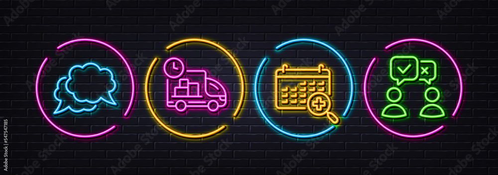 Medical calendar, Delivery and Chat message minimal line icons. Neon laser 3d lights. People voting icons. For web, application, printing. Doctor appointment, Fast service, Speech bubble. Vector