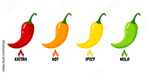 Hot spicy level labels.Vector icons chili pepper with red, yellow, orange and green flames. Extra, spicy, hot and mild strength. Savory food scale emblems