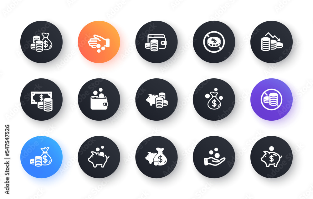 Coins icons. Cash money, Donation coins, Give tips icons. Business income, Piggy bank, Loan. Money savings, give coin, cash tips. Investment profit, financial crisis. Circle web buttons. Vector Coins icons. Cash money, Donation coins, Give tips icons. Business income, Piggy bank, Loan. Money savings, give coin, cash tips. Investment profit, financial crisis. Circle web buttons. Vector