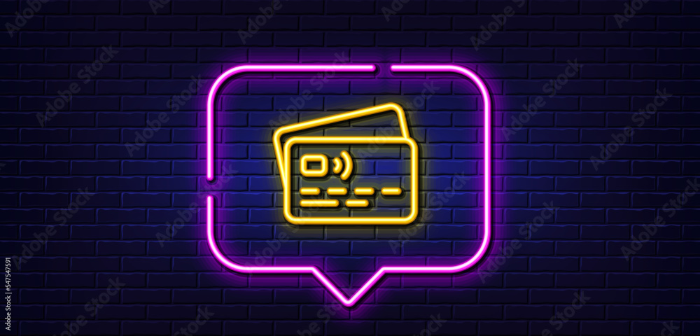Neon light speech bubble. Credit card line icon. Bank money payment sign. Non-cash pay symbol. Neon light background. Card glow line. Brick wall banner. Vector Neon light speech bubble. Credit card line icon. Bank money payment sign. Non-cash pay symbol. Neon light background. Card glow line. Brick wall banner. Vector