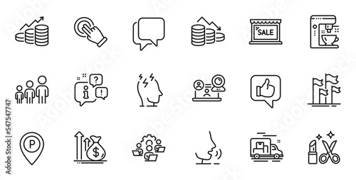 Outline set of Growth chart, Sale and Touchscreen gesture line icons for web application. Talk, information, delivery truck outline icon. Include Money loss, Flags, Video conference icons. Vector