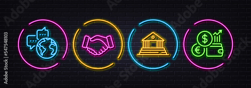 World communication, Court building and Handshake minimal line icons. Neon laser 3d lights. Currency rate icons. For web, application, printing. Business messenger, Judgement, Deal hand. Vector