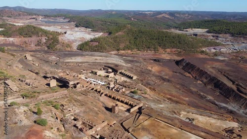 Aerial drone view of Mining activity. Apocalypse scenery. Earth destruction. Disruption of nature.  Extracting natural resources from the Earth to sell on the world market. Ecological disaster.
