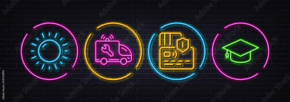 Car service, Card and Sunny weather minimal line icons. Neon laser 3d lights. Graduation cap icons. For web, application, printing. Repair service, Bank payment, Sun. University. Vector