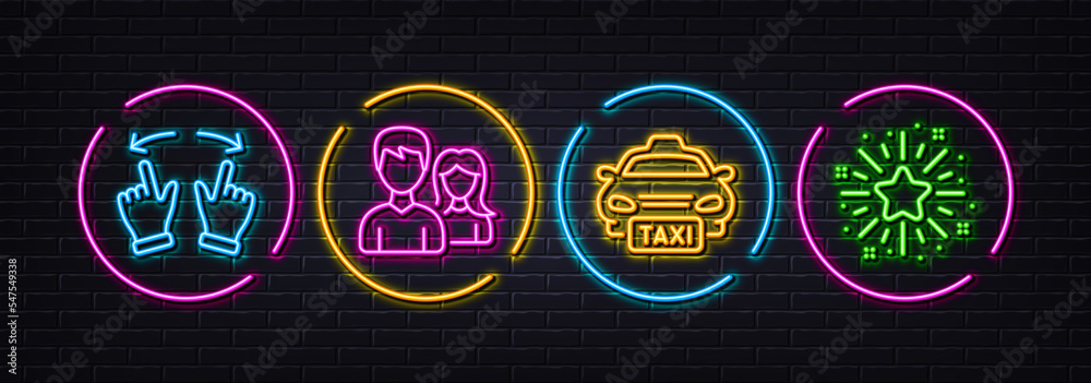 Taxi, Teamwork and Move gesture minimal line icons. Neon laser 3d lights. Twinkle star icons. For web, application, printing. Public transfer, Man with woman, Swipe. Best ranking. Vector