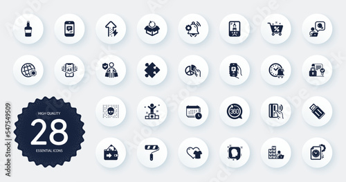Set of Business icons, such as Crane claw machine, Message and Usb flash flat icons. Winner, Project deadline, Wallet web elements. Paint roller, World weather, Alarm bell signs. Vector