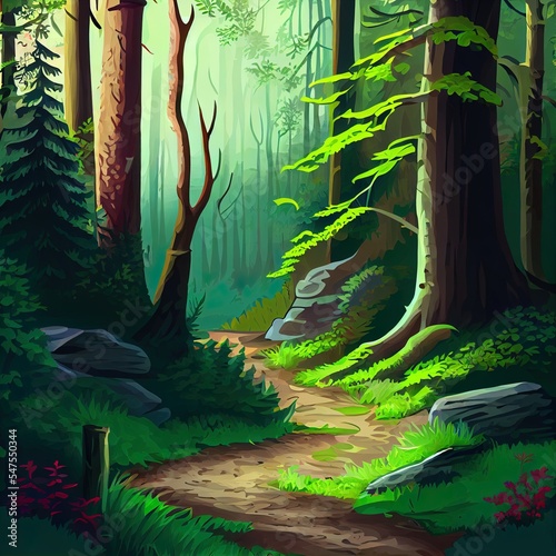 Deep forest scene with trail in the woods illustration