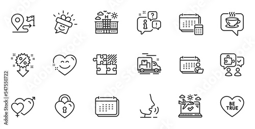 Outline set of Puzzle, Hotel and Discount line icons for web application. Talk, information, delivery truck outline icon. Include Male female, Journey, Puzzle game icons. Vector