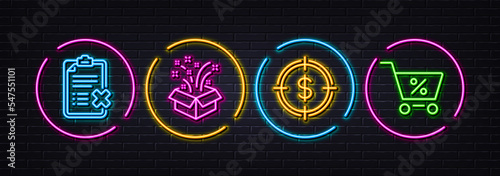 Reject checklist, Gift and Dollar target minimal line icons. Neon laser 3d lights. Special offer icons. For web, application, printing. Decline file, New year, Aim with usd. Discounts. Vector