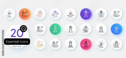 Lighthouse line icons. Bicolor outline web elements. Searchlight tower with seagull for marine navigation of ships. Sea pharos, lighthouse or beacon icons. Vector