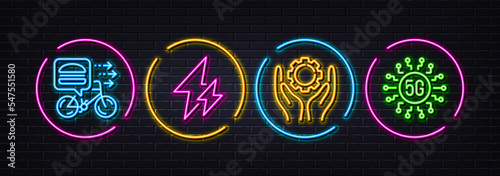 Employee hand, Electricity and Food delivery minimal line icons. Neon laser 3d lights. 5g technology icons. For web, application, printing. Work gear, Electric energy, Bicycle courier. Vector