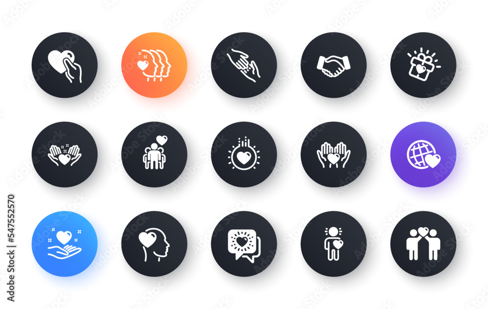 Friendship and love icons. Interaction, Mutual understanding and assistance business. Trust handshake, social responsibility icons. Classic set. Circle web buttons. Vector Friendship and love icons. Interaction, Mutual understanding and assistance business. Trust handshake, social responsibility icons. Classic set. Circle web buttons. Vector