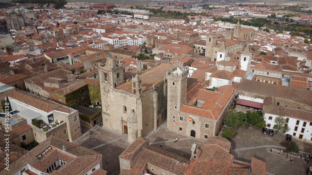 Aerial drone view of Cáceres, Spain. Old Town. Unesco World Heritage. Historic visits. Holidays and vacation tourism. Sightseeing. Best destinations in the world. Most visited places.