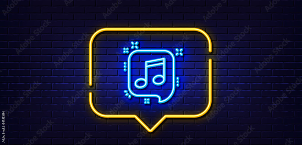 Neon light speech bubble. Musical note in speech bubble line icon. Music sign. Neon light background. Musical note glow line. Brick wall banner. Vector Neon light speech bubble. Musical note in speech bubble line icon. Music sign. Neon light background. Musical note glow line. Brick wall banner. Vector
