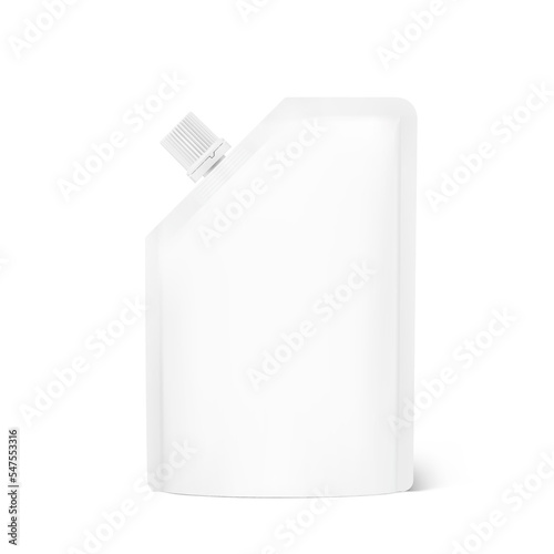 Pouch bag mockup with corner spout. Vector illustration isolated on white background. Front view. Can be use for template your design, presentation, promo, ad. EPS10.	