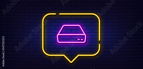 Neon light speech bubble. Mini pc line icon. Small computer device sign. Neon light background. Mini pc glow line. Brick wall banner. Vector